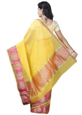 Yellow plain cotton saree with blouse 2