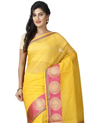 Yellow plain cotton saree with blouse 3