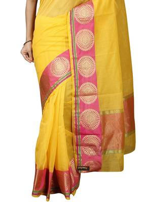 Yellow plain cotton saree with blouse 4