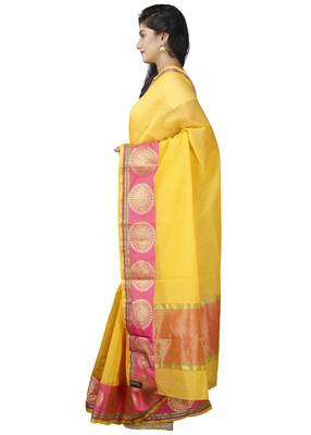 Yellow plain cotton saree with blouse 5