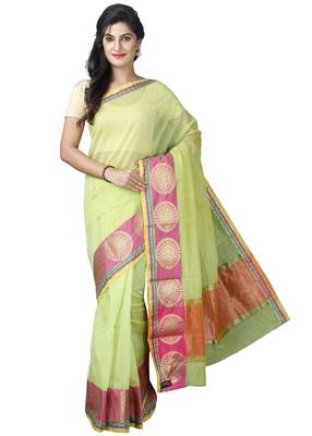 Green plain cotton saree with blouse 1