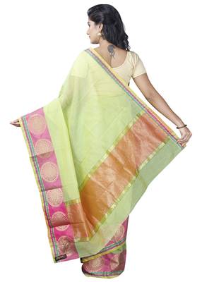 Green plain cotton saree with blouse 2