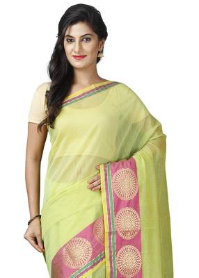 Green plain cotton saree with blouse 3