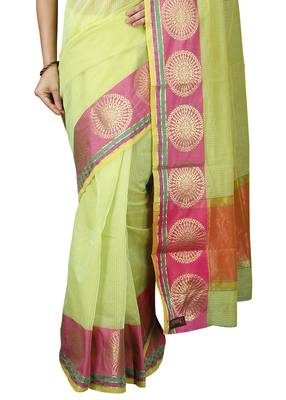 Green plain cotton saree with blouse 4