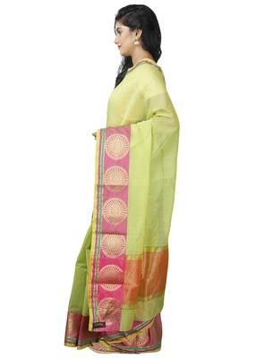 Green plain cotton saree with blouse 5