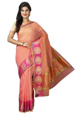 Pink plain cotton saree with blouse 1