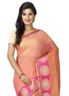 Pink plain cotton saree with blouse 3