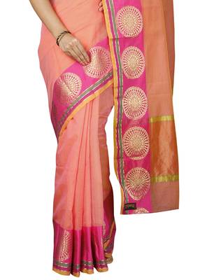 Pink plain cotton saree with blouse 4
