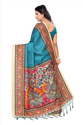 Sky blue printed art silk sarees saree with blouse 2