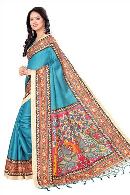 Sky blue printed art silk sarees saree with blouse 4