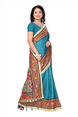 Sky blue printed art silk sarees saree with blouse 5