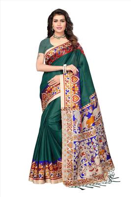 Dark green printed art silk sarees saree with blouse 1