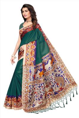 Dark green printed art silk sarees saree with blouse 4