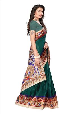 Dark green printed art silk sarees saree with blouse 5