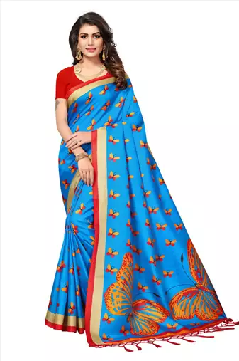 Sky Blue Printed Art Silk Saree With Blouse