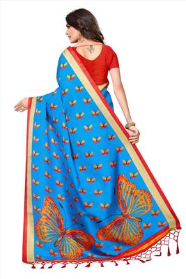 Sky Blue Printed silk blend Saree With Blouse 2