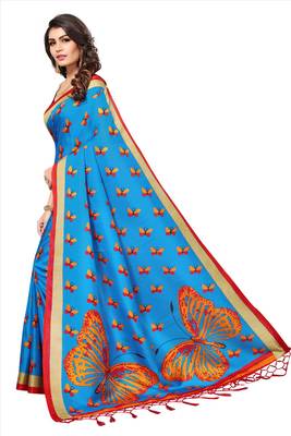 Sky Blue Printed silk blend Saree With Blouse 4