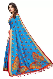 Sky Blue Printed silk blend Saree With Blouse