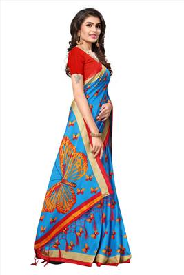 Sky Blue Printed silk blend Saree With Blouse 5
