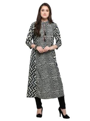 Inddus Black Printed Cotton Poly Long-Kurtis 1