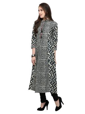 Inddus Black Printed Cotton Poly Long-Kurtis 2