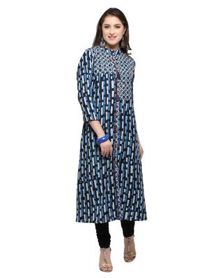 Inddus Blue Printed Cotton Poly Long-Kurtis 1