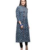 Inddus Blue Printed Cotton Poly Long-Kurtis