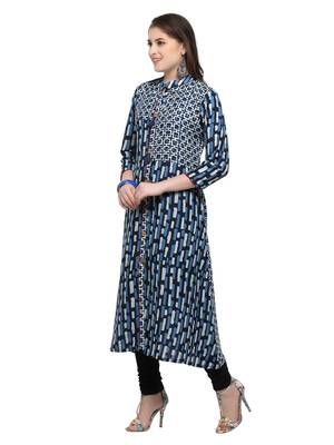 Inddus Blue Printed Cotton Poly Long-Kurtis 2