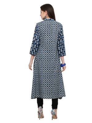 Inddus Blue Printed Cotton Poly Long-Kurtis 3