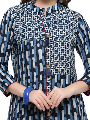 Inddus Blue Printed Cotton Poly Long-Kurtis 4