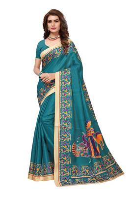 Sea green printed khadi saree with blouse 1