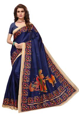Navy blue printed khadi saree with blouse 1