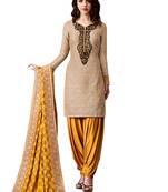 Beige Jute Silk Embroidered Unstitched Designer Dress Material