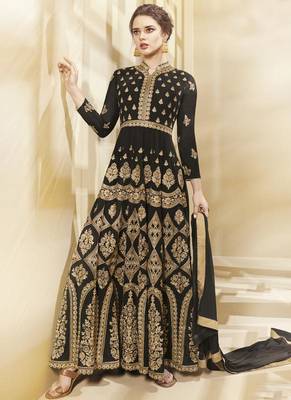 Black embroidered georgette semi stitched salwar with dupatta 1