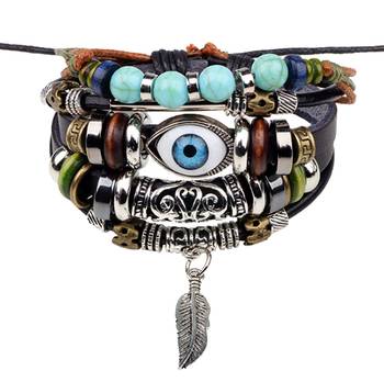 Punk Turkish Evil Eye Multi Strand Turquoise Leather Bracelet For Boys Men 2