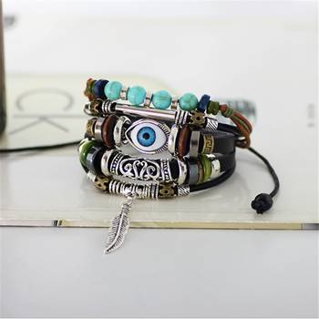 Punk Turkish Evil Eye Multi Strand Turquoise Leather Bracelet For Boys Men 3