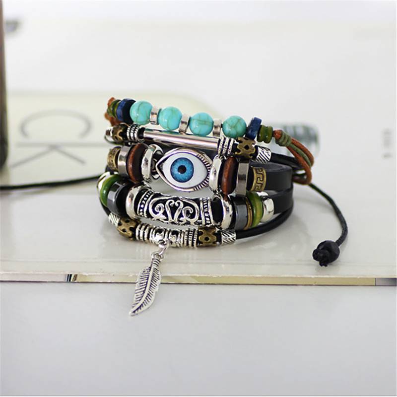 Punk Turkish Evil Eye Multi Strand Turquoise Leather Bracelet For Boys Men