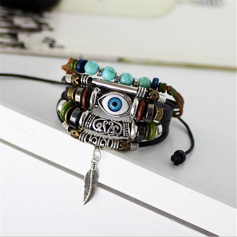 Punk Turkish Evil Eye Multi Strand Turquoise Leather Bracelet For Boys Men