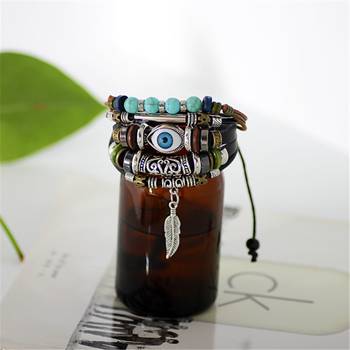 Punk Turkish Evil Eye Multi Strand Turquoise Leather Bracelet For Boys Men 5