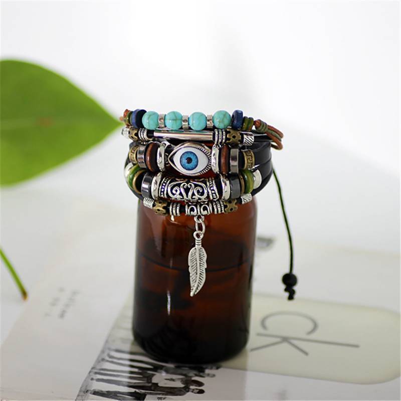 Punk Turkish Evil Eye Multi Strand Turquoise Leather Bracelet For Boys Men