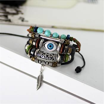 Punk Turkish Evil Eye Multi Strand Turquoise Leather Bracelet For Boys Men 6