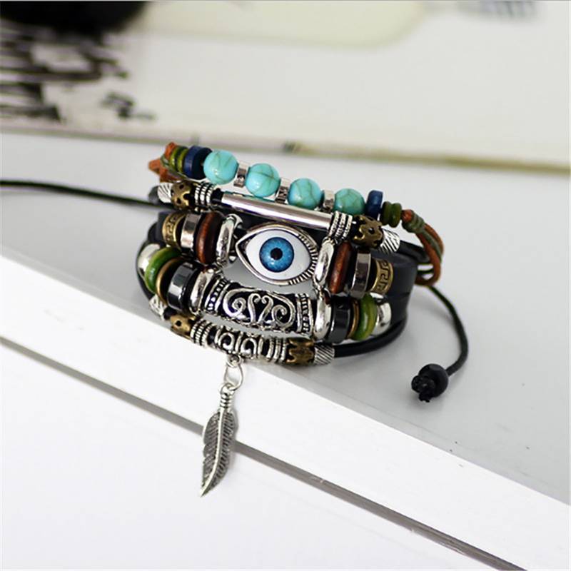 Punk Turkish Evil Eye Multi Strand Turquoise Leather Bracelet For Boys Men
