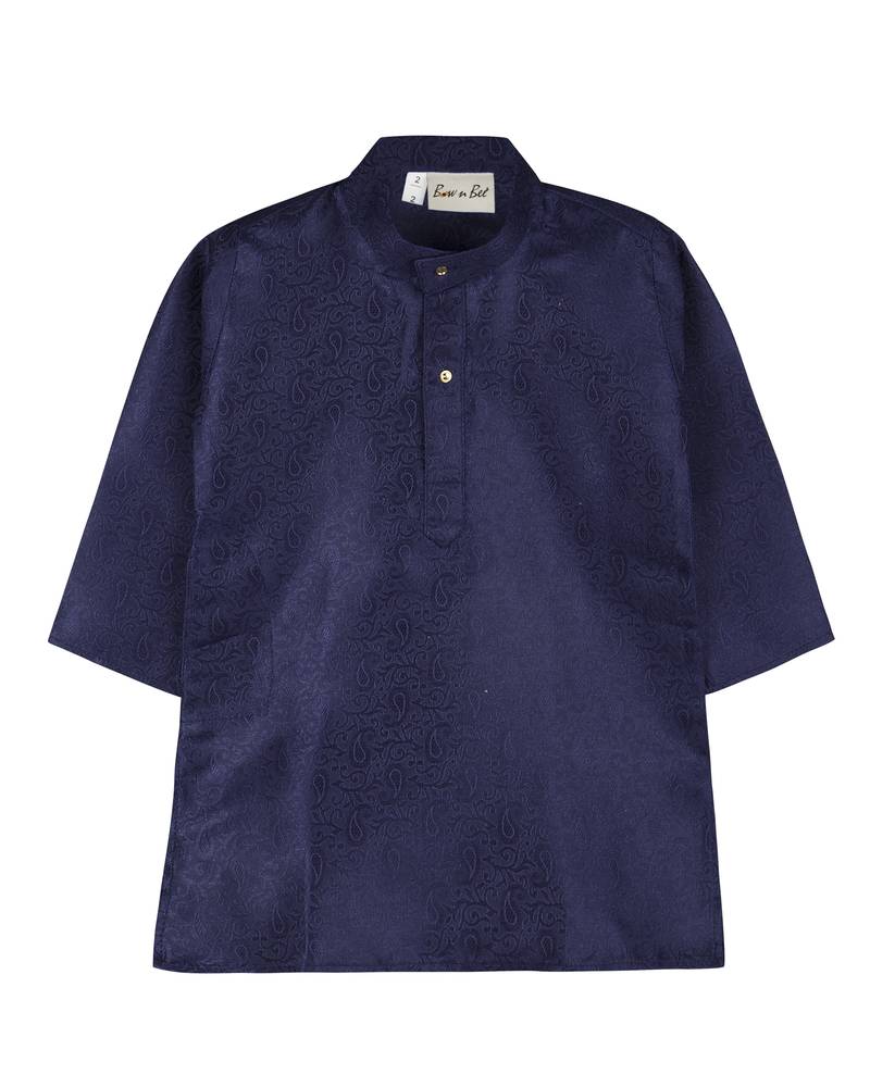 Navy Blue Jacquard Plain Boys Kurta Pyjama