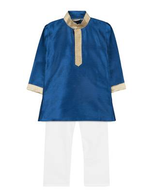 Blue Silk Blend Plain Boys Kurta Pyjama 1
