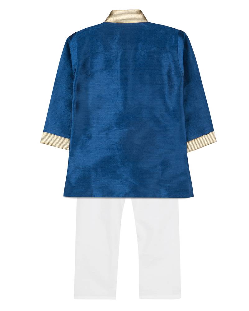Blue Silk Blend Plain Boys Kurta Pyjama