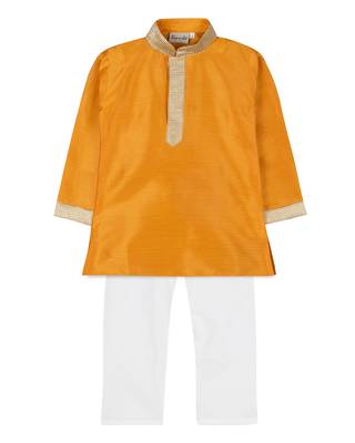 Yellow Silk Blend Plain Boys Kurta Pyjama 1