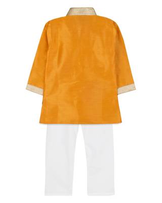 Yellow Silk Blend Plain Boys Kurta Pyjama 2