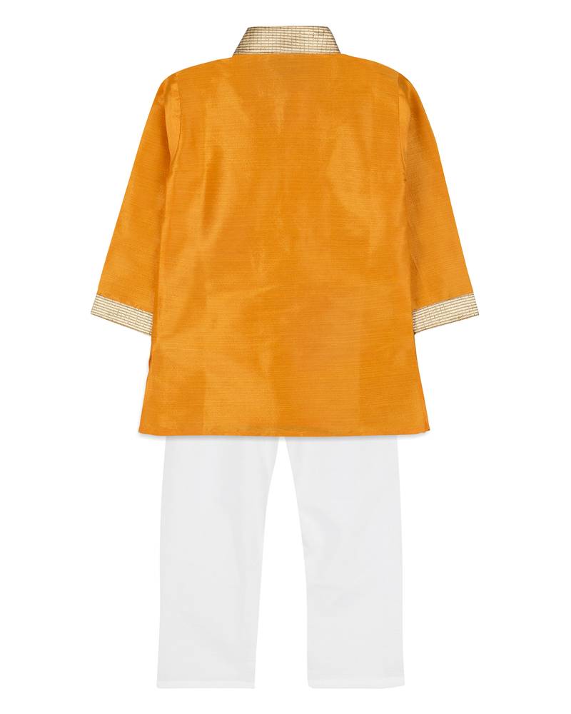 Yellow Silk Blend Plain Boys Kurta Pyjama