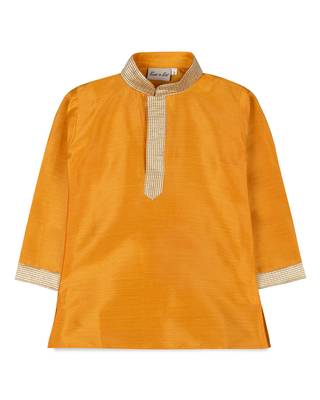 Yellow Silk Blend Plain Boys Kurta Pyjama 3