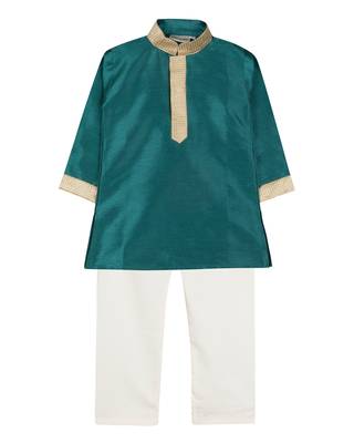 Green Silk Blend Plain Boys Kurta Pyjama 1
